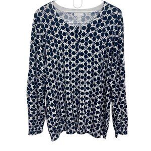 Charter Club Geometric Print Cardigan Womens 2X Blue White Lightweight Preppy